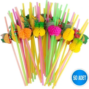 Sinis Group Tek Kullanımlık Renkli Plastik Körüklü Meyveli Pipet 50 adet/paket  Parti, Kokteyl, Kafe, Restorant
