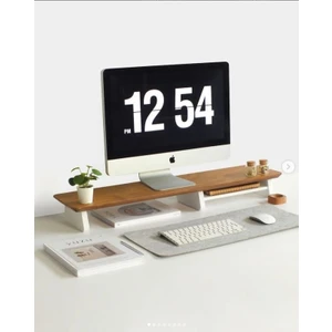 Masif Doğal Ahşap Monitör Yükseltici Organizer Sehpa Kayın Ağacı