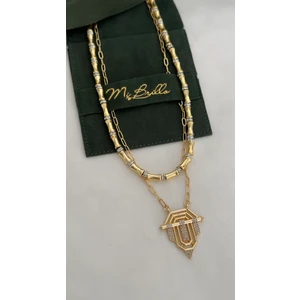Mi Brillo Accessories Gold Zirkon Taşlı Boru Boncuk ve Şövalye Meyra Kolye Leyla Serenay Kolye