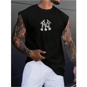 Erkek Siyah Ny Baskılı Oversize Kolsuz T-Shirt