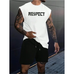 Erkek Beyaz Respect Baskılı Kolsuz T-Shirt Şort Takım