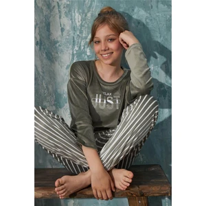 Pijama Evi Yeşil Relax Desenli Exclusive Kadife Kız Çocuk Pijama Takımı 