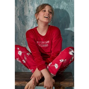 Pijama Evi Kırmızı Vibes Desenli Exclusive Kadife Kız Çocuk Pijama Takımı 
