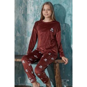 Pijama Evi Koyu Kahve Kaşkol Ayıcık Desenli Exclusive Kadife Kız Çocuk Pijama Takımı 