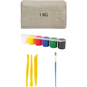 Beyaz Seramik Hamuru 1 kg Ebeşuar Seti 6X15 ml Akrilik Seti Düz Fırça Seramik Kili Oyun Hamuru
