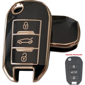 Peugeot 301 Citroen C-Elysee Uyumlu Anahtar Kumanda Kılıfı Kabı Oto Anahtarlık Siyah Gold