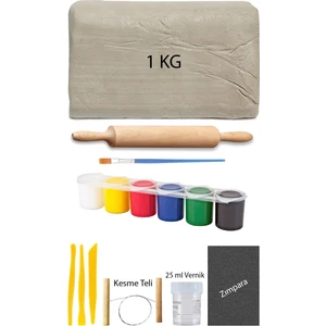 Beyaz Seramik Hamuru 1 kg Kil Ebeşuar Seti 6X15 ml Akrilik Set 25 ml Vernik Ahşap Merdane Zımpara