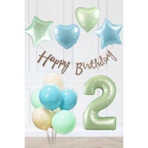 Retro Mavi Yeşil Renkler Doğum Günü Parti Seti Retro Yeşil Yaş Balonlu Kraft Banner Balon Zinciri Seti