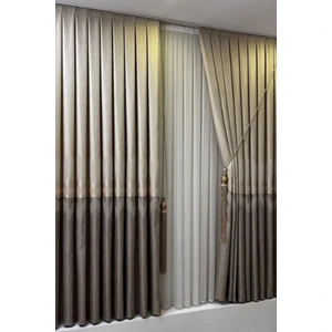 Özgün Perde Şık Desenli Pano Fon Krem-Kahve (Tek Kanat+Aksesuar)