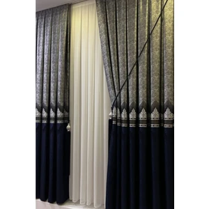 Özgün Perde Şık Desenli Pano Fon Lacivert-Gümüş (Tek Kanat+Aksesuar)