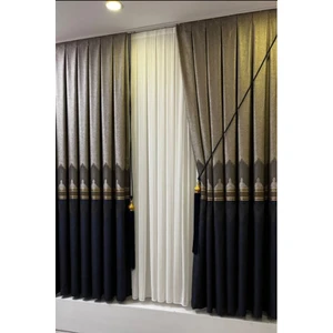 Özgün Perde Şık Desenli Pano Fon Gri-Lacivert (Tek Kanat+Aksesuar)