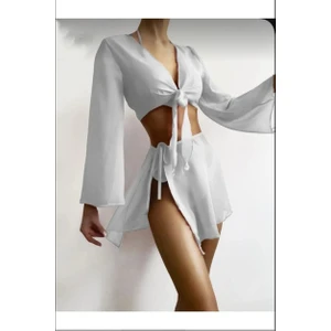 Kadın Beyaz Tül Iki Parça Üst Etek Pareo Takım Plaj Giyim