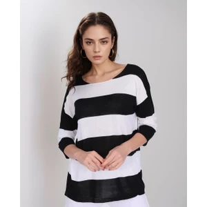 T Guel Kadın Pamuklu Siyah-Beyaz Çizgili Fakir Kol Ince Kazak