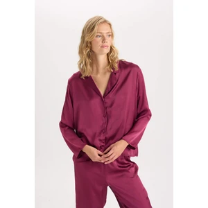 Fall in Love Pijama Takım Basic Düz Saten Uzun Kollu Üst Beli Lastikli Alt D6940AX24AU