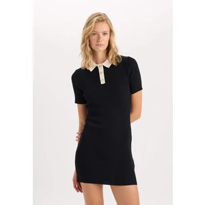 A Kesim Polo Yaka Basic Düz Ribana Görünümlü Viskon Kısa Kollu Mini Elbise