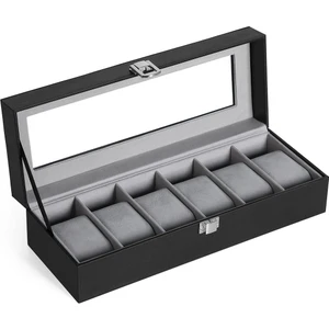Songmıcs 6 Yuvalı Saat Kutusu, Cam Kapaklı Saat Kılıfı, Kadife Saat Yastıkları, Tokalı Saat Tutucu, 11,2 x 30 x 8 Cm, Hediye Fikri, Siyah Suni Deri, Gri Astar JWB06BK