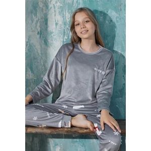 Pijama Evi Gri Happy Desenli Exclusive Kadife Kız Çocuk Pijama Takımı 