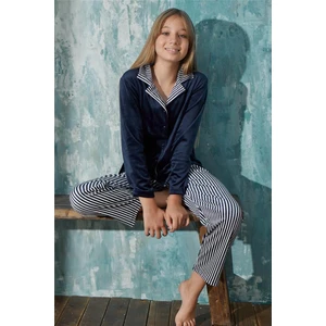 Pijama Evi Lacivert Çizgi Desenli Önden Düğmeli Exclusive Kadife Kız Çocuk Pijama Takımı 