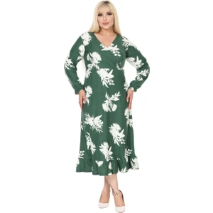 Butik Kışlık Yumoş Kumaş Kruvaze Yaka Yeşil Beyaz Yaprak Desen Eteği Fırfırlı Midi Elbise