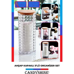 Ahşap Kapak 3'lü Organizer Set Modern Pamukluk Banyo Düzenleyici Şık 3'lü Pamukluk Set