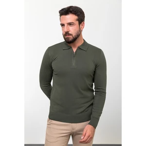 Düz Haki Slim Fit Fermuarlı Polo Yaka Erkek Triko Kazak