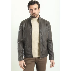 Düz Kahverengi Slim Fit Hakim Yaka Suni Deri Erkek Mont