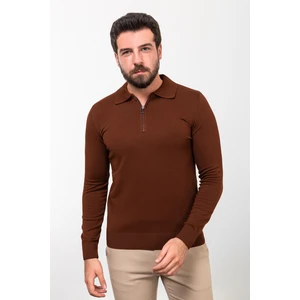 Düz Kiremit Rengi Slim Fit Fermuarlı Polo Yaka Erkek Triko Kazak