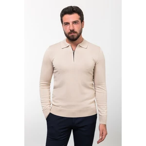Düz Bej Slim Fit Fermuarlı Polo Yaka Erkek Triko Kazak