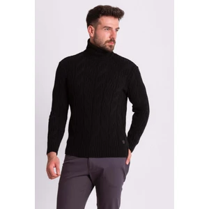 Örgülü Siyah Renk Slim Fit Tam Balıkçı Yaka Yün Erkek Kazak