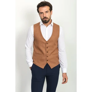 Desenli Kamel Rengi Slim Fit Klasik Yün Erkek Yelek