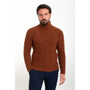 Örgülü Kahverengi Slim Fit Tam Balıkçı Yaka Yün Erkek Kazak
