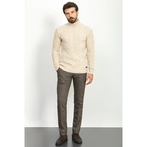 Örgülü Bej Rengi Slim Fit Tam Balıkçı Yaka Yün Erkek Kazak