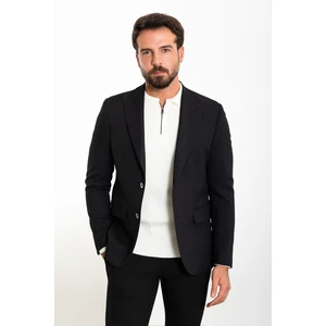 Düz Siyah Slim Fit Geniş Yaka Yün Erkek Ceket