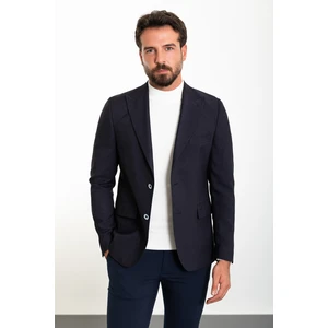 Düz Lacivert Slim Fit Geniş Yaka Yün Erkek Ceket