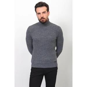 Desenli Koyu Gri Slim Fit Tam Balıkçı Yaka Yün Erkek Kazak