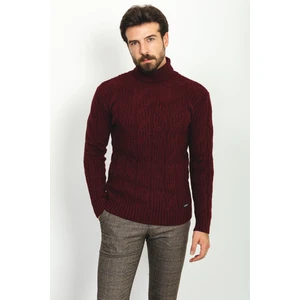 Örgülü Bordo Rengi Slim Fit Tam Balıkçı Yaka Yün Erkek Kazak