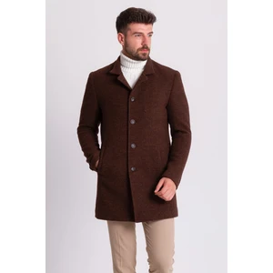 Kırçıllı Kahverengi Slim Fit Hakim Yaka Erkek Yün Kaban