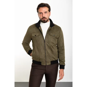 Düz Haki Slim Fit Hakim Yaka Süet Erkek Mont