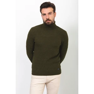 Örgü Desenli Haki Rengi Slim Fit Tam Balıkçı Yaka Yün Erkek Kazak