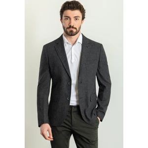 Desenli Siyah Renk Slim Fit Mono Yaka Keten Erkek Ceket