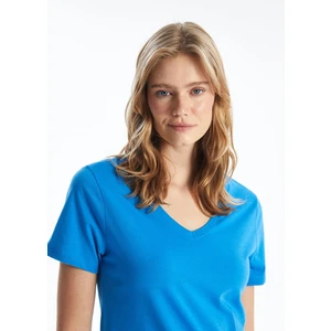 Lcw Vision Mavi V Yaka Düz Kısa Kollu Kadın Tişört