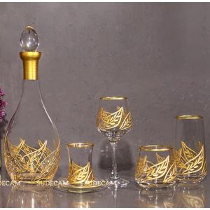 61 Parça 12 Kişilik Yaprak Kristal Kesme Gold Cam Su Bardak Takımı,Meşrubat Bardağı Seti