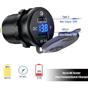 Araç Şarj Soketi Araç USB Prizi Pd Tip C USB Priz Araç Şarj Cihazı LED Voltmetre ile 12 V ~ 24 V Araç, Tekne, Motosiklet, Suv Otobüs, Kamyon, Karavan, Deniz Için