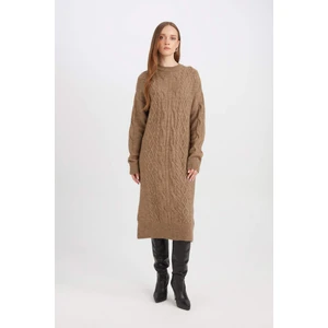 Regular Fit Bisiklet Yaka Saç Örüg Desenli Basic Düz Uzun Kollu Maxi Triko Elbise Y2073AZ24WN