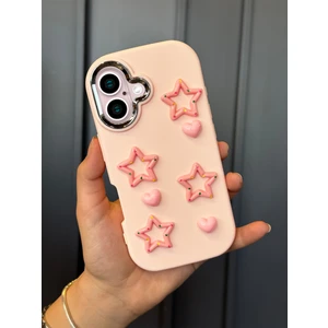 iPhone 16 Uyumlu Darbe Emici Yapılı 3D Pembe Yıldızlar Karakterli Koruyucu Lüx Kılıf