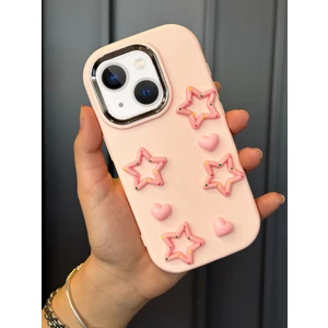 iPhone 13 ve 14 Uyumlu Darbe Emici Yapılı 3D Pembe Yıldızlar Karakterli Koruyucu Kılıf