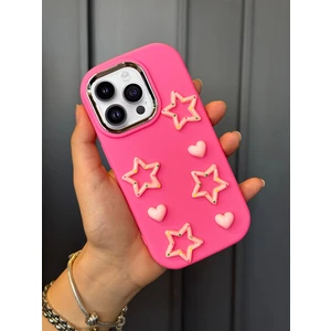 iPhone 15 Pro Max Uyumlu Darbe Emici Yapılı 3D Pembe Yıldızlar Karakterli Koruyucu Lüx Kılıf
