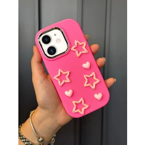 iPhone 11 Uyumlu Darbe Emici Yapılı 3D Pembe Yıldızlar Karakterli Koruyucu Lüx Kılıf