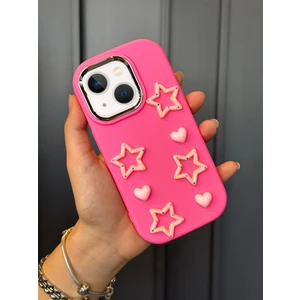iPhone 13 ve 14 Uyumlu Darbe Emici Yapılı 3D Pembe Yıldızlar Karakterli Koruyucu Kılıf