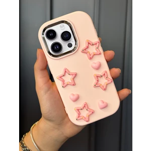iPhone 14 Pro Max Uyumlu Darbe Emici Yapılı 3D Pembe Yıldızlar Karakterli Koruyucu Lüx Kılıf